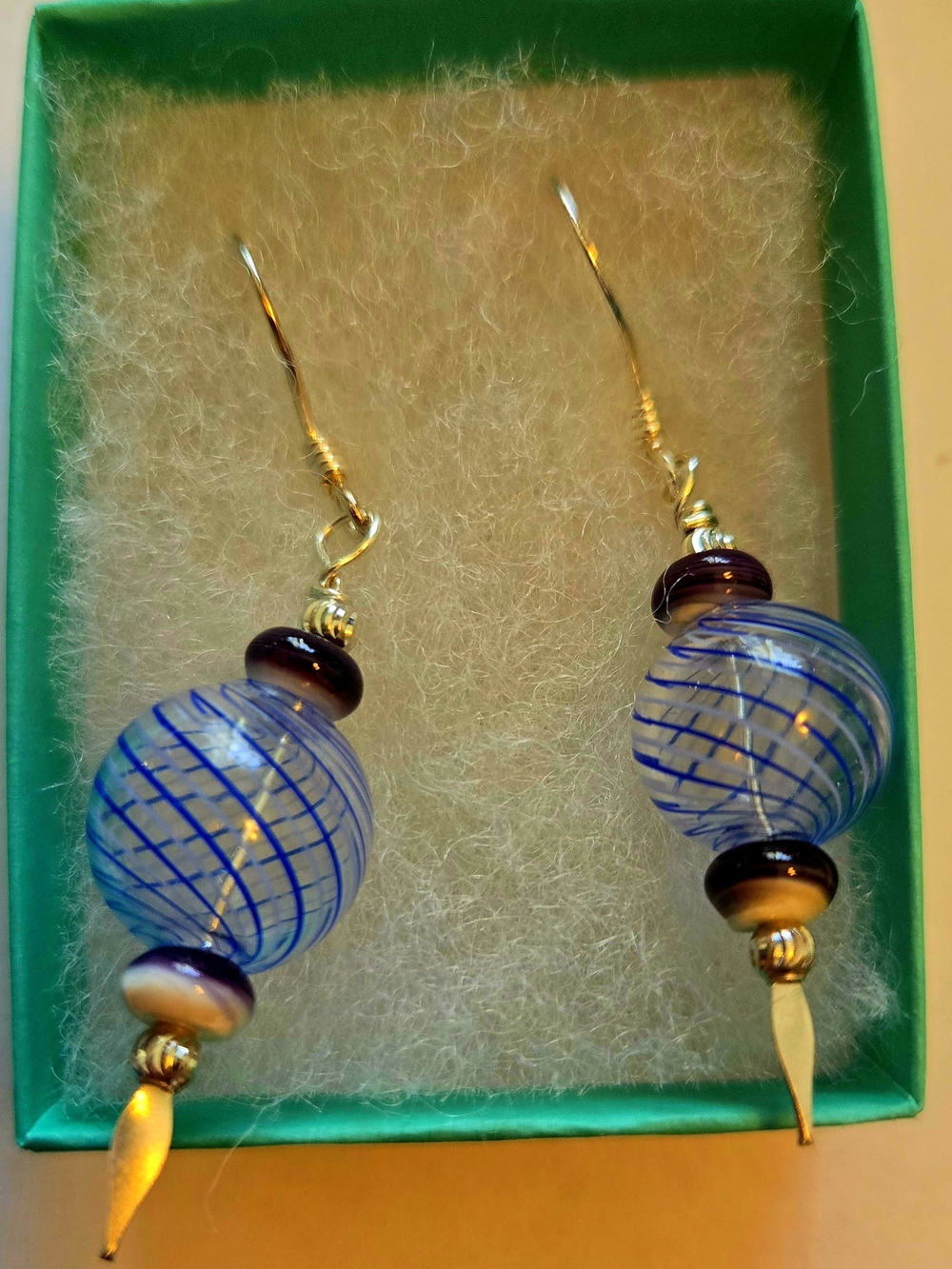 Artisan Blue Handblown Glass Drop Earrings with Wampum Accents 925 STERLING